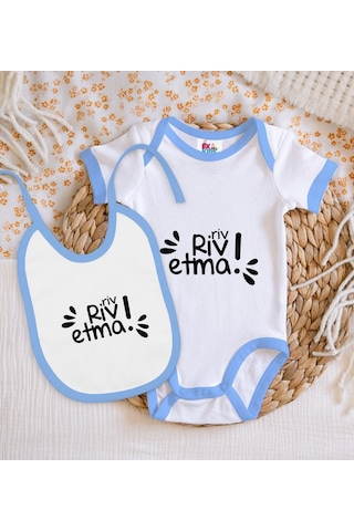 Bk Kids Riv Riv Etma Tasarımlı Mavi Bebek Body Zıbın Ve Mama Önlü Çok Renkli
