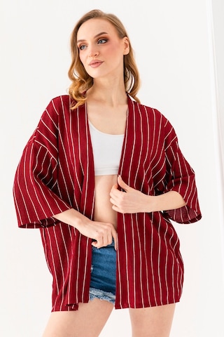 Giysa Kadın Yarım Kol Çizgili Bürümcük Kimono Bordo - 254406 Bordo