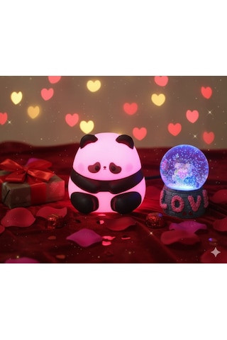 2 Li Sevgiliye Romantik Hediye Seti Slikon Panda Renkli Led Gece Lambası Ve 9 Cm Love Kar Küresi Set Pembe