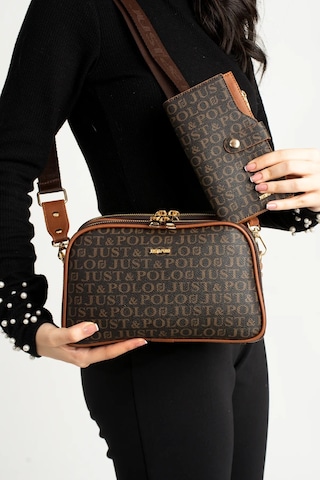 Just Polo Kadın Orta Boy Baskılı Şık Omuz Çantası Ve Cüzdanı Kombin Shopper K232053mh Kahverengi - Taba