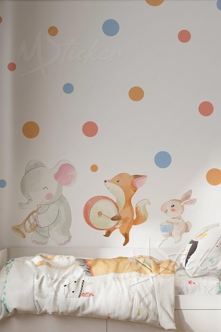 MSticker Hayvanlar Orkestrası Ve Puantiyeler Çocuk Odası Cam Duvar Sticker Seti
