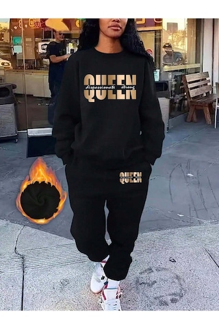 Siyah Bisiklet Yaka Queen Baskılı Eşofman Takımı Siyah