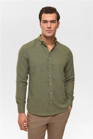 Haki Slim Düz Düğmeli Yaka Gömlek Haki