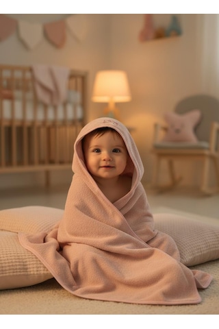 Bambu Antibakteriyel Bebek Nakışlı Havlu Kundak 75x75 Ve Kese Pembe
