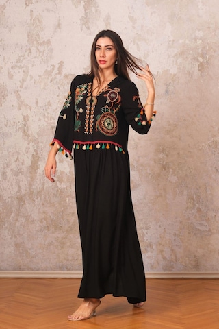 Kadın Siyah V Yaka Önü Ve Kolları Otantik Nakışlı Püsküllü Uzun Elbise-sıyah Siyah