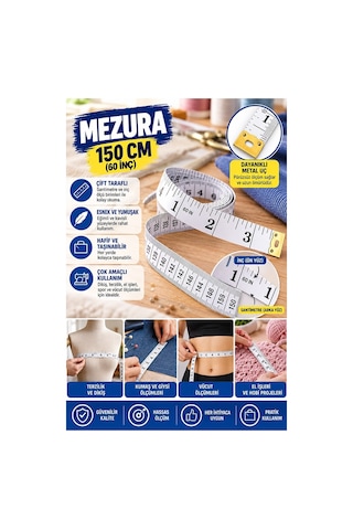 Beyaz Mezura 150 Cm 1 Adet Renkli Meziro Terzi Baş Vüvut Ölçüm Metresi Beden Ölçmek Mezro Çift Yönlü