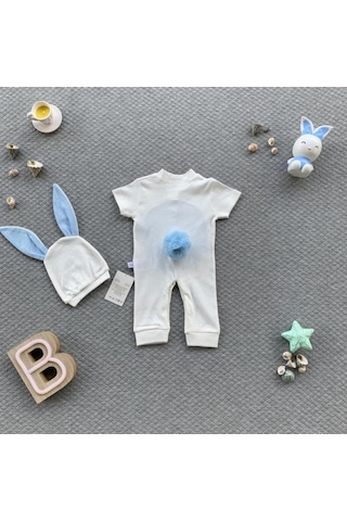 Erkek Bebek Tavşan Model Yazlık Kostüm Tulum-Bebek Doğum Hediyesi Beyaz - Mavi