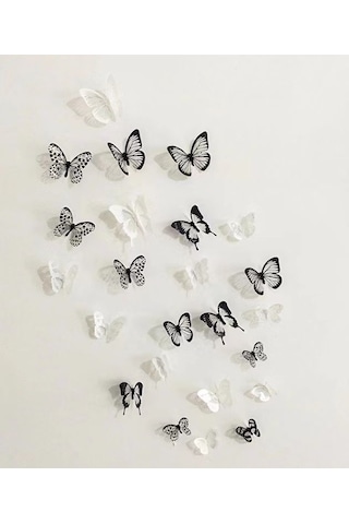 Else Nippon 18 Adet 3d Duvar Sticker Çift Kanatlı Kelebek Pvc Wal Beyaz - Siyah