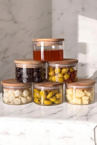 6'lı Borosilikat Cam Kahvaltılık Seti - Sızdırmaz Silikonlu Bambu Kapak - 90 X 70 Mm-400 Ml Beyaz