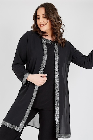 Ladies First Büyük Beden 3717 Siyah Gümüş Ceket+Bluz Ikili Takım
