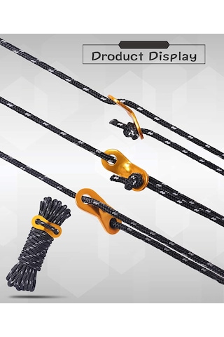 Dofolink 10 Adet 4 Metre 4mm 16 Tel 600d Polipropilen Tente Rengi, Aluminyum Ayarlayıcı, 260kg Yük Taşıma, Reflektif, Taşınabilir Çanta İçerir Siyah