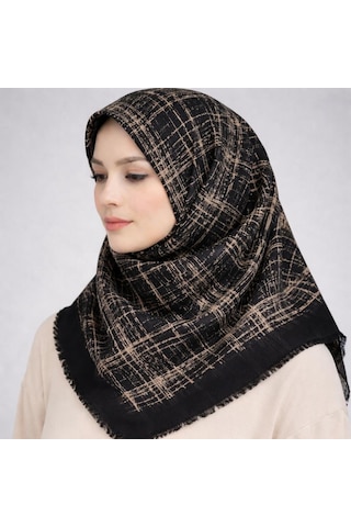 Sinem Emprime Koton Eşarp - Siyah / Karamel-06289 Kahverengi
