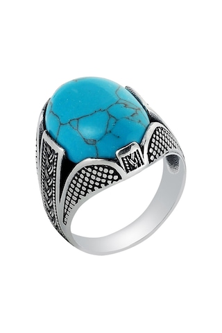 Gümüş Oval Turkuaz Firuze Taşlı Örgü Tasarım Erkek Yüzük
