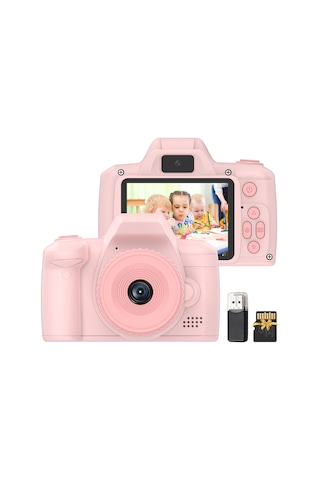 Vkemall Kız Çocukları İçin Pembe Dijital Kamera - 48mp Çift Kamerayla Fotoğraf Çekme, 1080p Video Kaydı, Oyun Ve Müzik Oynatma Fonksiyonları, 2.4" Ips Ekran, 32gb Hafıza Kartı Ve Okuyucu Dahil