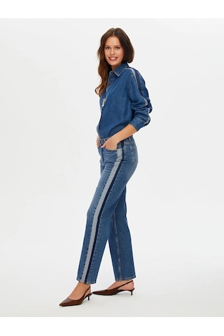 Faik Sönmez Kontrast Bant Detaylı Wide Leg Fıt Kadın Jean Pantolon W26jpn004 İndigo