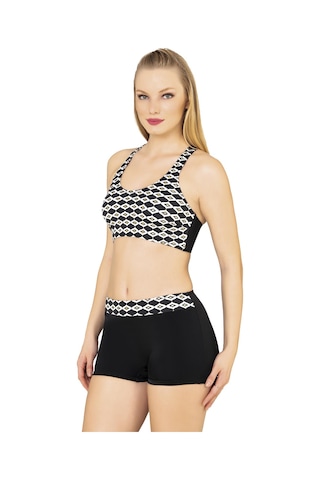 Endeep Kadın Geometrik Desenli Toparlayıcı Şortlu Bikini Takımı Siyah
