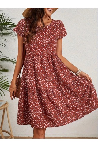 Kadın Kısa Kollu Bisiklet Yaka Çiçek Desenli Süprem Elbise Bordo