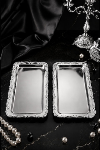 Jasper Nova Silver 2'li Paslanmaz Çelik Gümüş Çerçeve Kahve Sunum Tepsisi Baton 33x17 Cm Gri - Gümüş