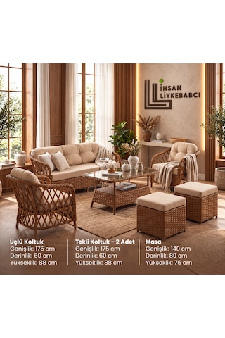 Rattan Bahçe Ve Balkon Takımı Elora Model 3+1+1 Kahverengi - Krem