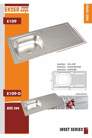 Ekosan 50 x 100 304 Kalite Paslanmaz Eviye + Sifon