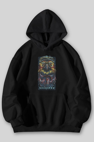 Harmandar Eagle Baskılı Unisex Siyah Gri Kanguru Cepli Kapüşonlu Sweatshirt Hoodie Siyah