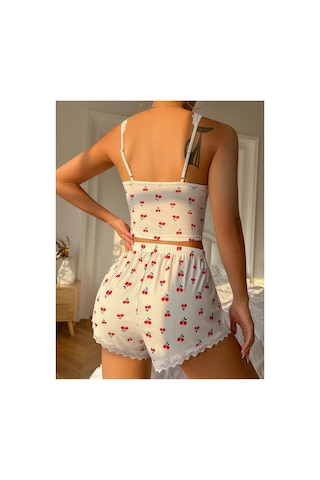 Bella Notte Kiraz Desenli Dantelli Önü Bağcıklı Üst Ve Şort Pijama Takımı Beyaz