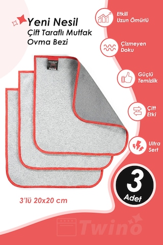 Twino 3'lü Ocak Fırın Mutfak Temzilik Bezi 20x20 Güçlü Sert Mikrofiber Çizmez Zor Kir Teli Ovma Bezi