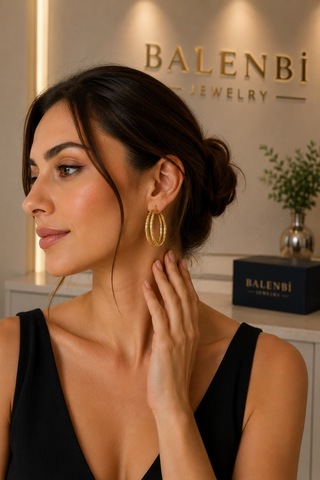 Balenbi Gold Renk Paslanmaz Çelik Kabartma Desenli Halka Küpe 1041 Altın