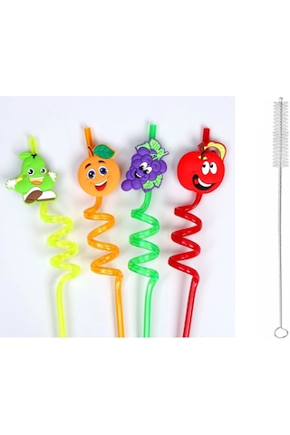 5 Parça Renkli Pipet Seti - Emojili Spiral Kokteyl- Çocuk Pipeti Temizleme Fırçalı Diğer