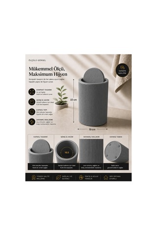 5 Li Banyo Seti Çizgili Tasarım 6,25 L Çöp Kovası + Wc Fırçası + Sıvı Sabunluk + Diş Fırçalık + Katı Sabunluk Modern Banyo Aksesuar Seti Gri
