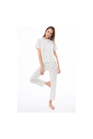 Premium Kadın Pijama Takımı Krem Kalp Desenli Yumuşak Dokulu Kısa Kollu Bisiklet Yaka Krem