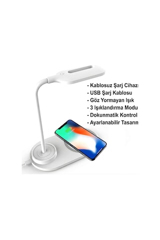 3 Fonksiyonlu Led Çalışma Masası Lambası - Kablosuz Hızlı Şarj Cihazlı Ve Dokunmatik Kontrollü Akıllı Gece Lambası Diğer