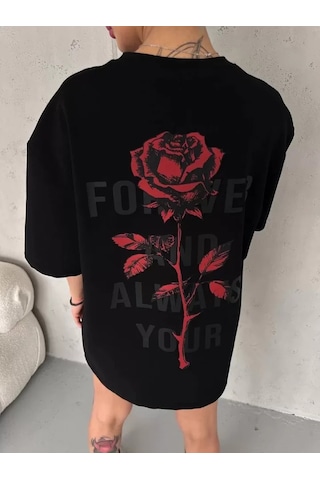 Unisex Bisiklet Yaka Baskılı Oversize T-shirt - Siyah Karışık