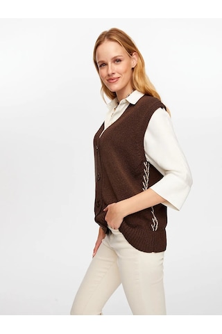 Faik Sönmez Yanları Kontrast Şerit Detaylı Pamuk Kadın Triko Yelek W26trh012 Kahve