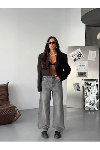 Herton Kadın Baggy Jean Pantolon - Geniş Paça %100 Pamuk Normal Bel Salaş Denim Gri