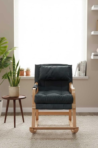 Reyo Paşa Ahşap Sallanan Sandalye, Çıkartılabilir Kılıflı Minderli, Boyun Yastıklı Dinlenme Koltuğu Emzirme Koltuğu Füme Füme