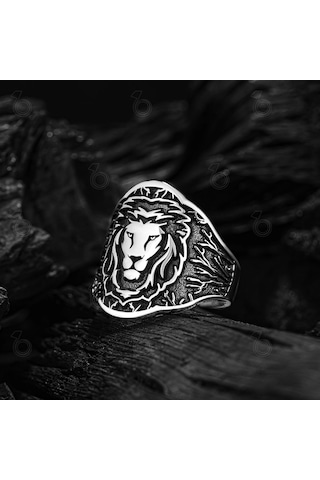 925 Ayar Gümüş Aslan Figürlü Ayarlanabilir Ölçü Erkek Yüzük