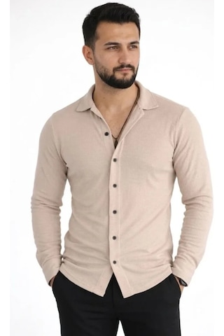 Etiler Collection Erkek Waffle Kumaş Uzun Kollu Düğmeli Açık Yaka Regular Fit Gömlek - Bej