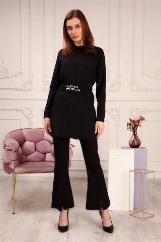Bwest Zincir Kemerli Sade Basic Tunik Pantolon İkili Takım - 70007 - Siyah-458 Siyah