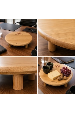 Logonuza Özel 10 Adet Ayaklı Bambu Sunumluk 24x24x6,5 Cm Kurumsal Sunum Tepsisi Bej