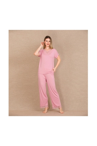 L'ombre Viskon Şık Tasarım Dantel İşlemeli Pembe Kısa Kol Pijama Takımı