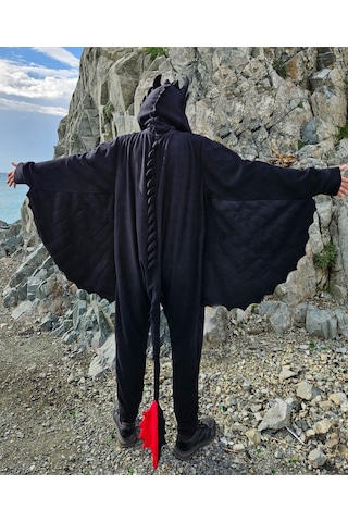 Dişsiz Ejderha Kostümü Yetişkin Siyah Ejderha Pijama Tulum Kostüm