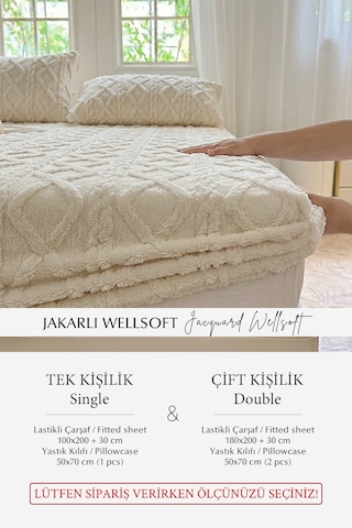 Süper Yumuşak Jakar Kadifemsi Peluş Lastikli Fitted Çarşaf Seti Kaymaz Tek/çift Kişilik Bej Açık Bej