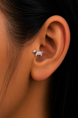 Sertifikalı 316l Çelik Taşlı Köpek Figürlü Siyah Tasma Detaylı Premium Gümüş Renk Tragus Ve Helix Pi