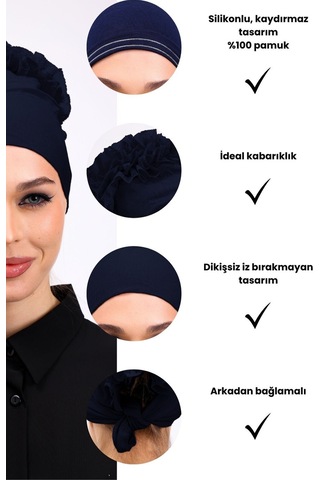 Kaymayan Fırfırlı Silikonlu Dikişsiz Bone - Kaymaz Kadın Tesettür Bağlamalı İç Bone-lacivert Lacivert