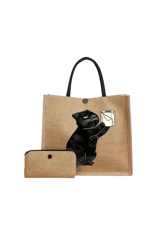 Organıcyou Baodıng Vintage Kedi Baskılı Tote Çanta Seti Mini Bozuk Para Cüzdanı İle Açık Kahverengi Keten Rengi 1 Şirin Kedi