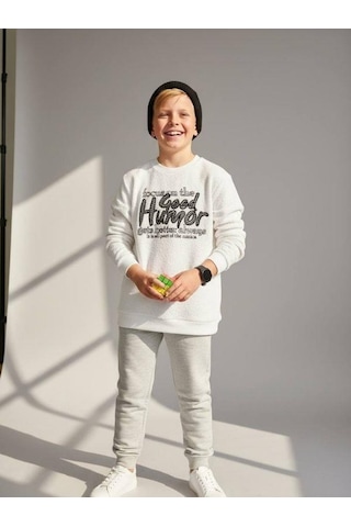 Zekids Erkek Çocuk Good Humor Yazılı Uzun Kollu İnce Triko T-shirt-16647 Beyaz