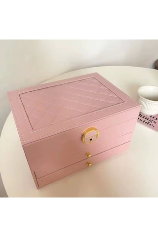 Dışı Deri İçi Kadife Kilitli 2 Çekmeceli Takı Bijuteri Mücevher Kutusu Organizer Düzenleyici Pembe İ Pembe