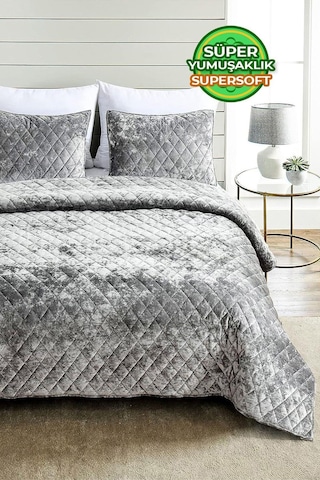 Evlen Home Kapitone Kadife Yatak Örtüsü Seti Çift Kişilik Supersoft 3 Parça Yumuşak Elyaf Dolgulu Gri Gri