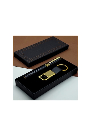 1 Adet Kutulu Kalem Ve Anahtarlık Seti Siyah Metal Roller Kalem, Gold Deri Anahtarlık, Özel Tasarım Seti, Pen Keychain Gift